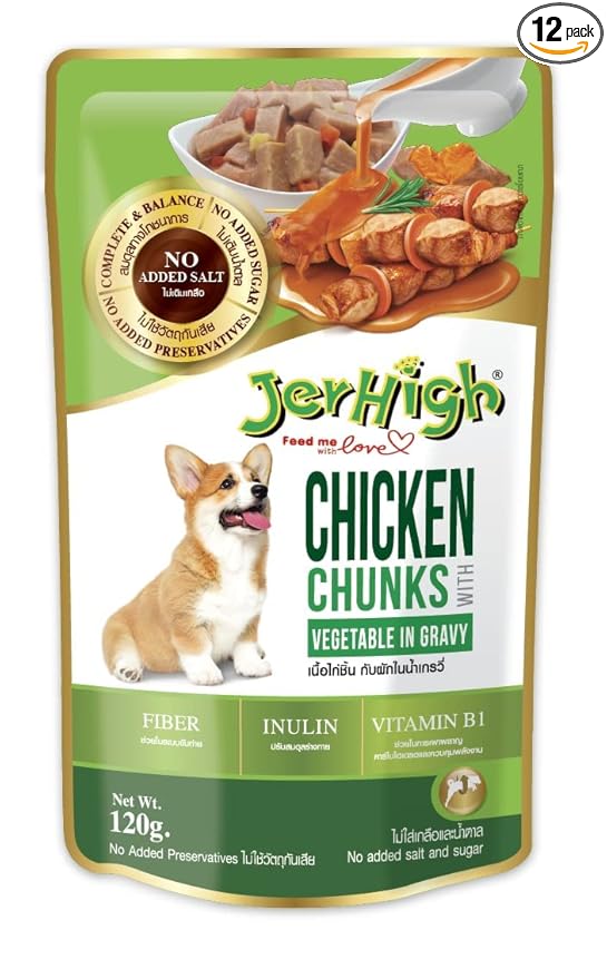 Jerhigh Grilled Chicken Chunks in Gravy, Dog Food, 120g 100% Authentic Sold by Barkz & Mewz (Pack of 12, Chicken with Vegetable)