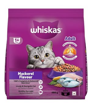 Whiskas Adult (1+ Years) Dry Cat Food, Mackerel Flavour, 480 g,.