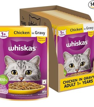 Whiskas Adult (1+ Years) Wet Cat Food, Chicken in Gravy, 80 g (Pack of 14).